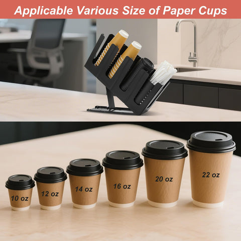 YTROG coffee-bar storage with four compartments keeps lids, cups, and straws neatly organized.