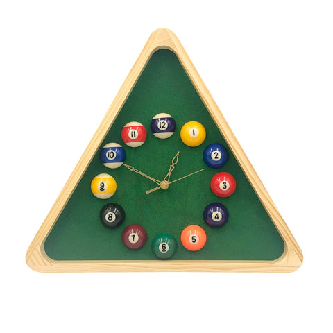 Yuanhe Billiards Pool Ball Clock with solid wood frame for durable game room style.