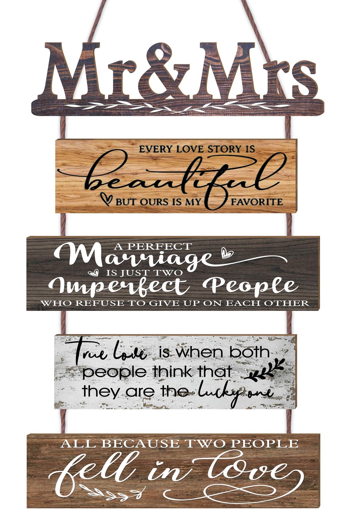 Yudarte Mr & Mrs rustic wall collage 5-panel display creates a warm farmhouse centerpiece.