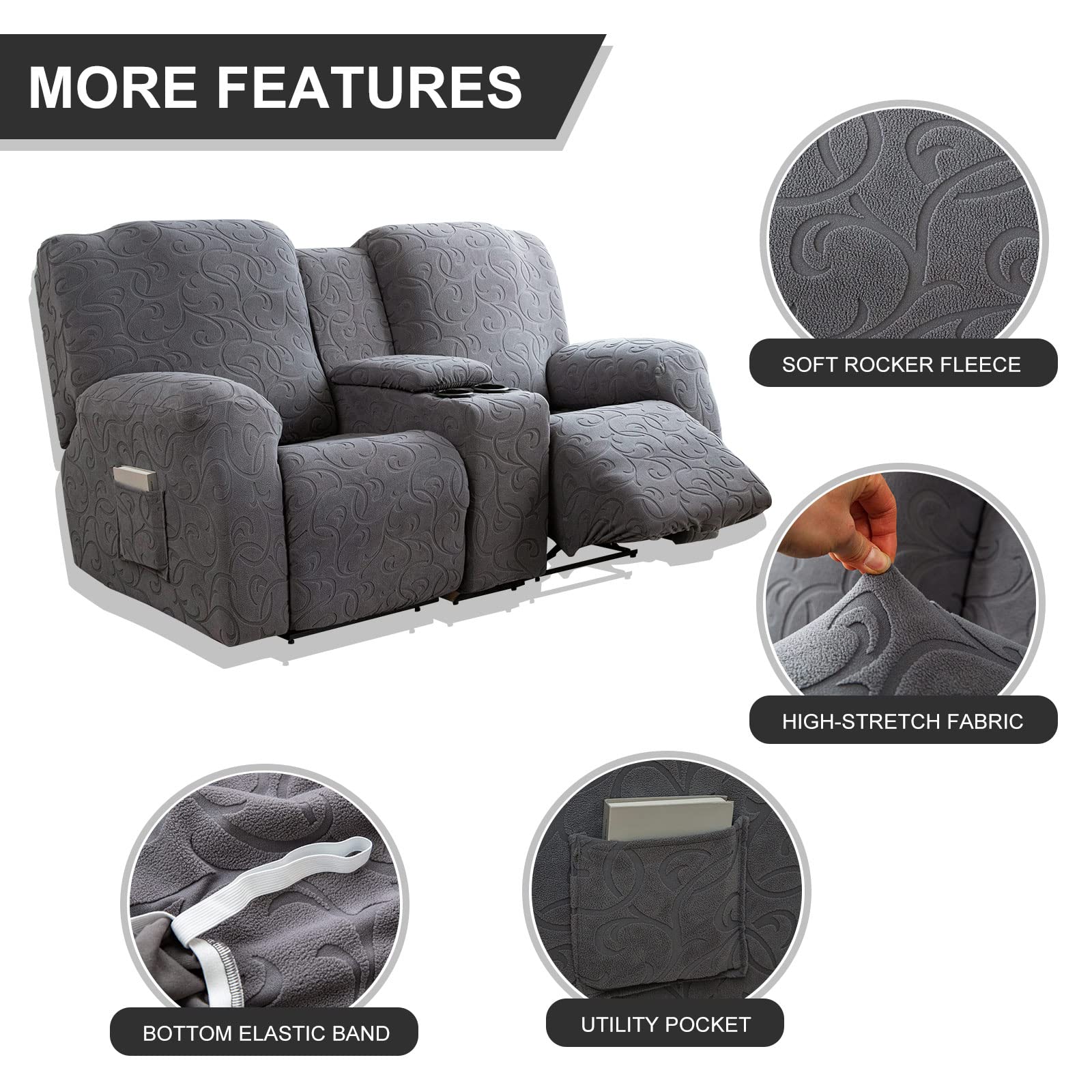 Installation view of the YUEANG recliner loveseat cover showing six-piece setup