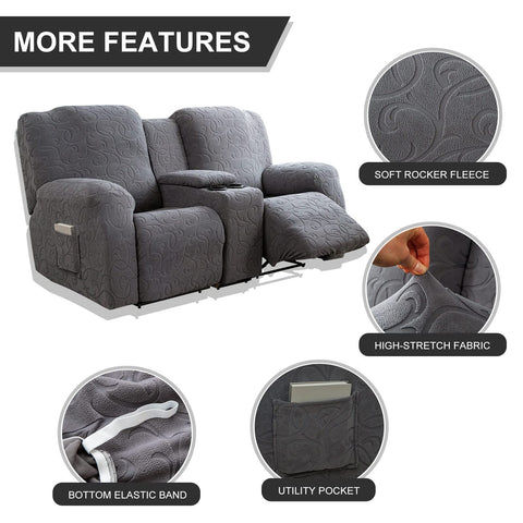 Installation view of the YUEANG recliner loveseat cover showing six-piece setup