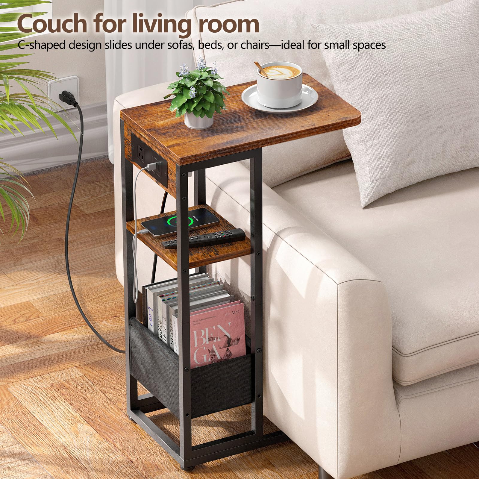Yuede end table sliding under sofa to save space and keep essentials close