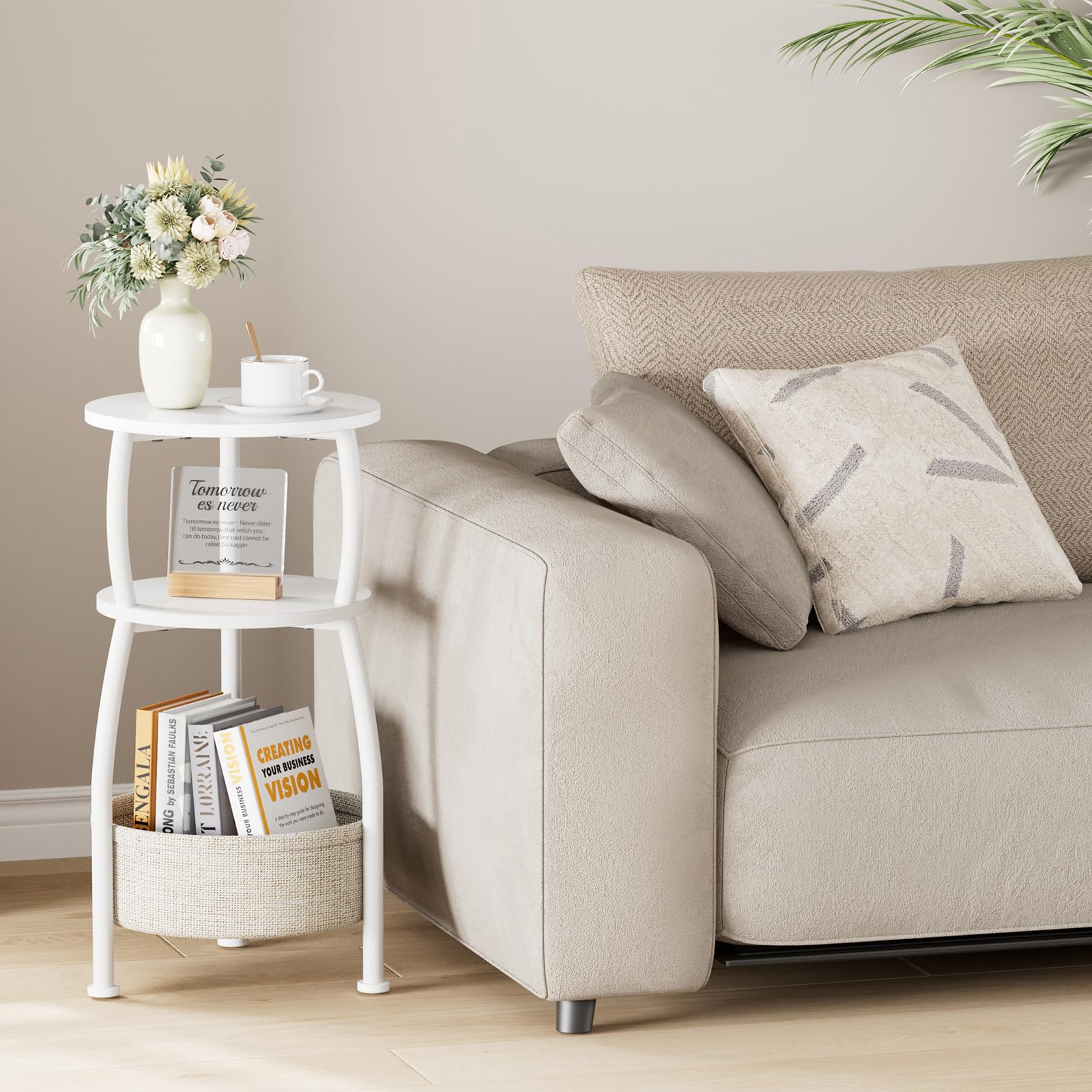 Yuede 3-tier round end table with middle shelf for books and decor