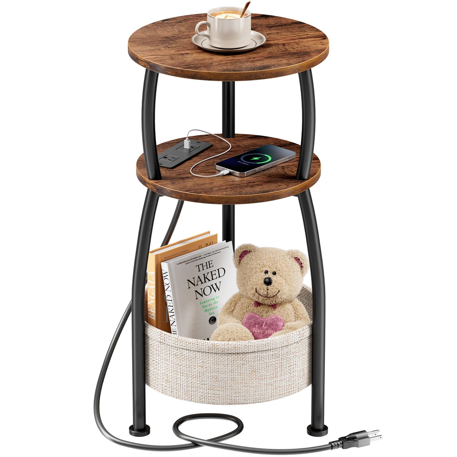 Yuede side table with charging station showing USB, outlet, and Type-C ports.