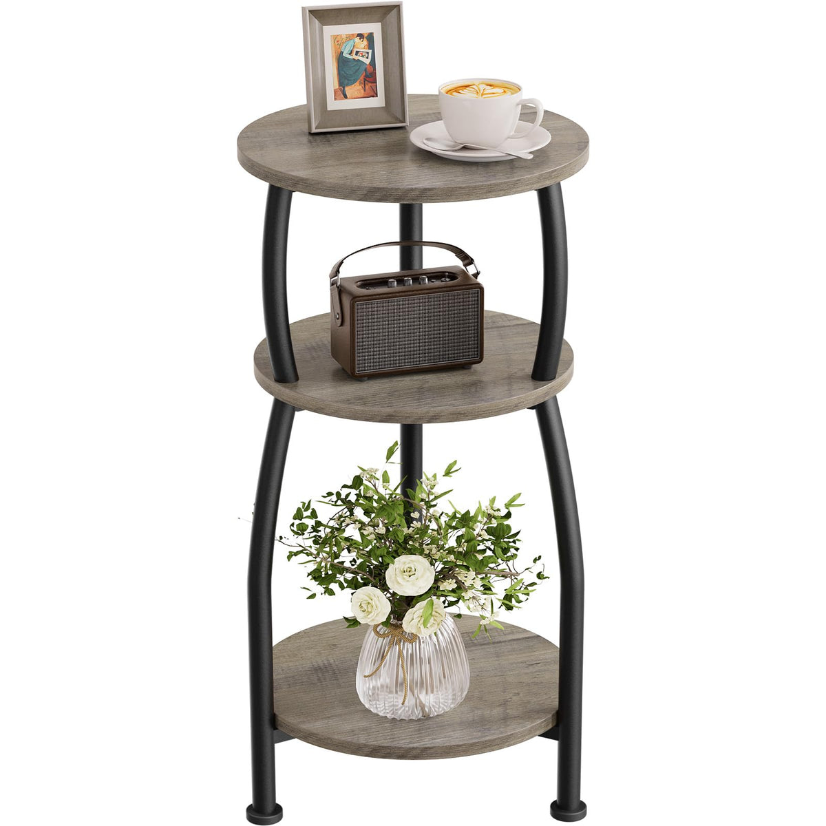 Yuede small round side table with storage shelves for tidy living spaces.
