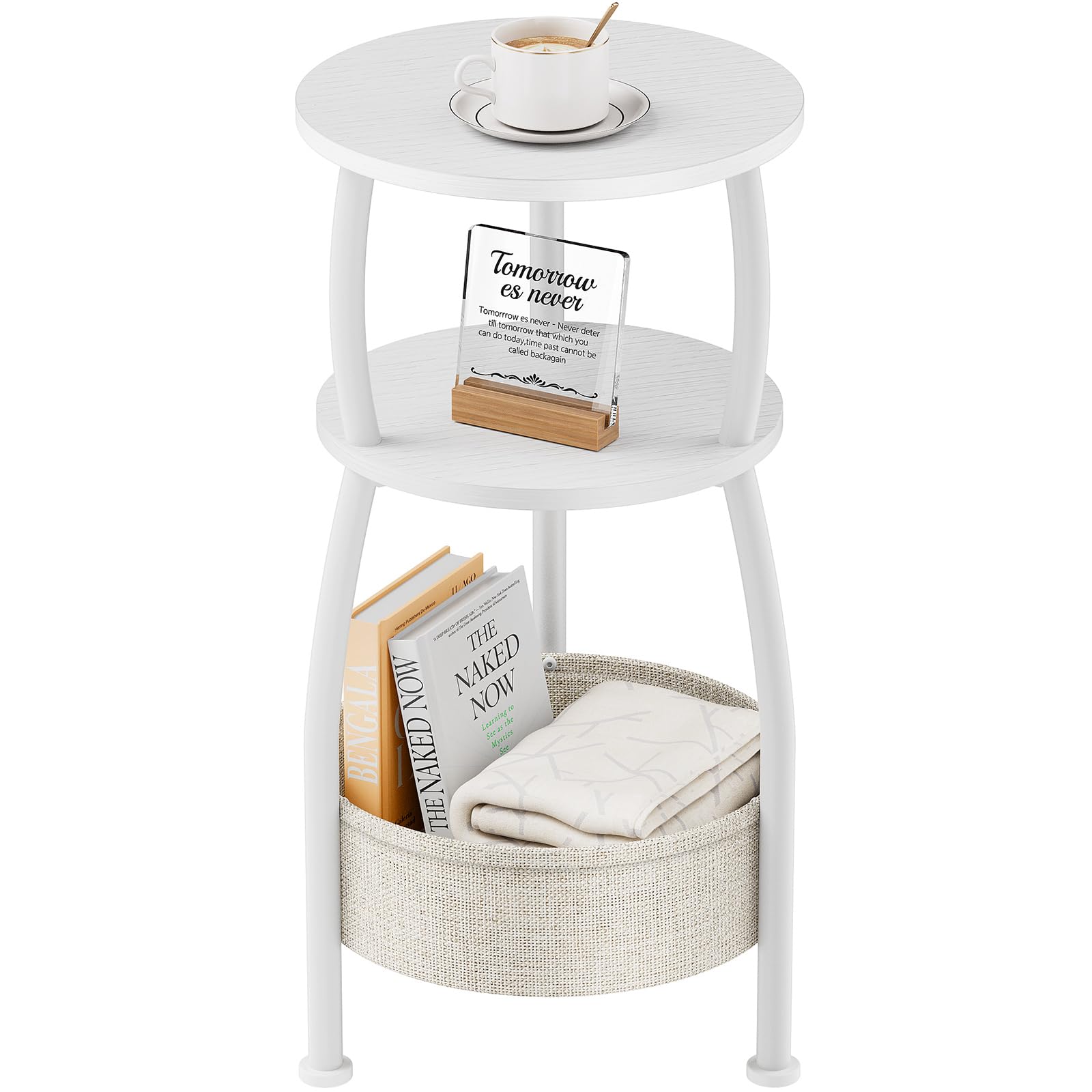 Yuede small round side table with storage basket shows tidy living room surface