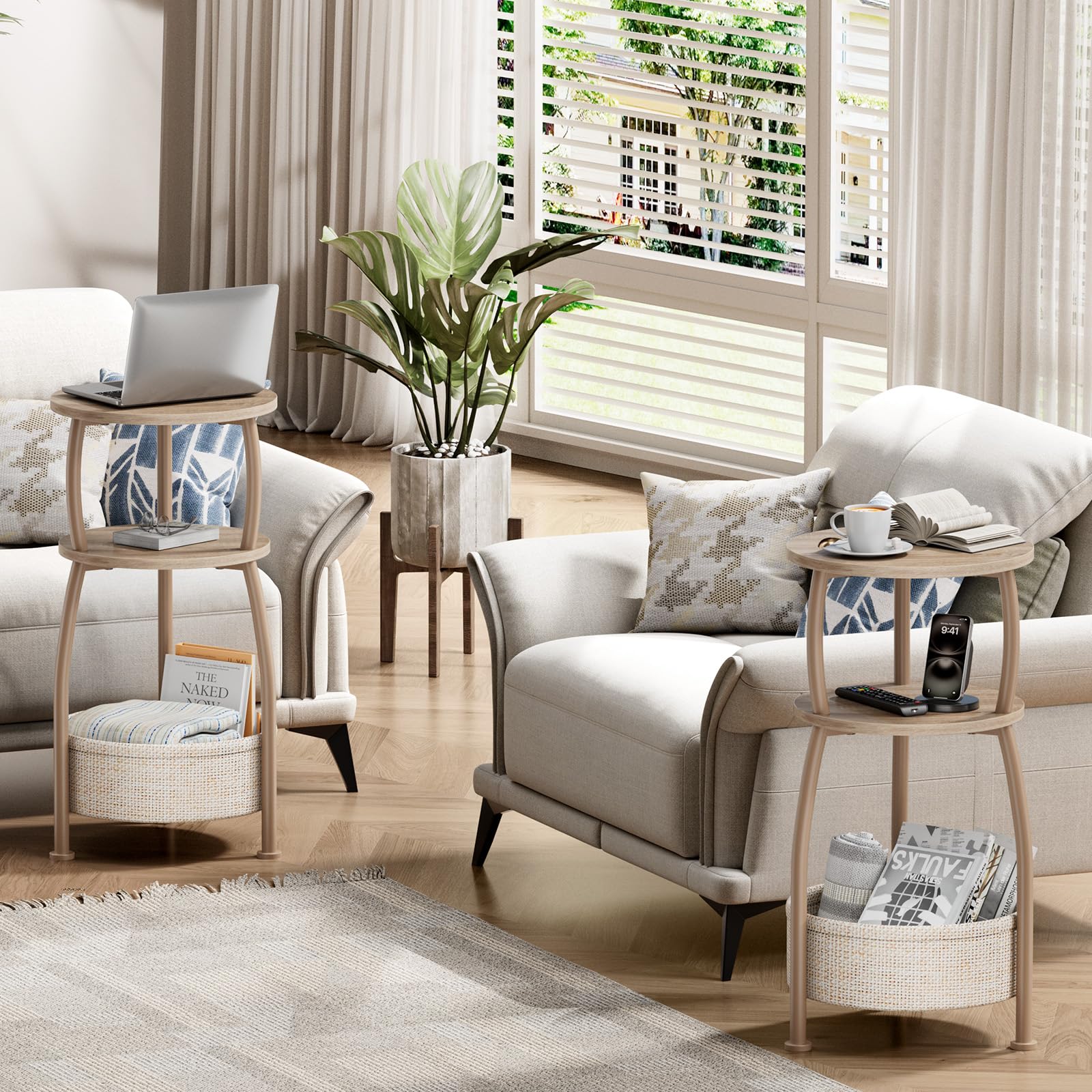 Yuede table serves as plant stand or bedside companion.