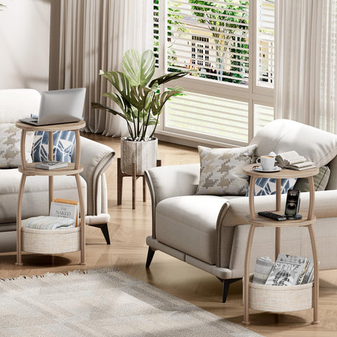 Yuede table serves as plant stand or bedside companion.