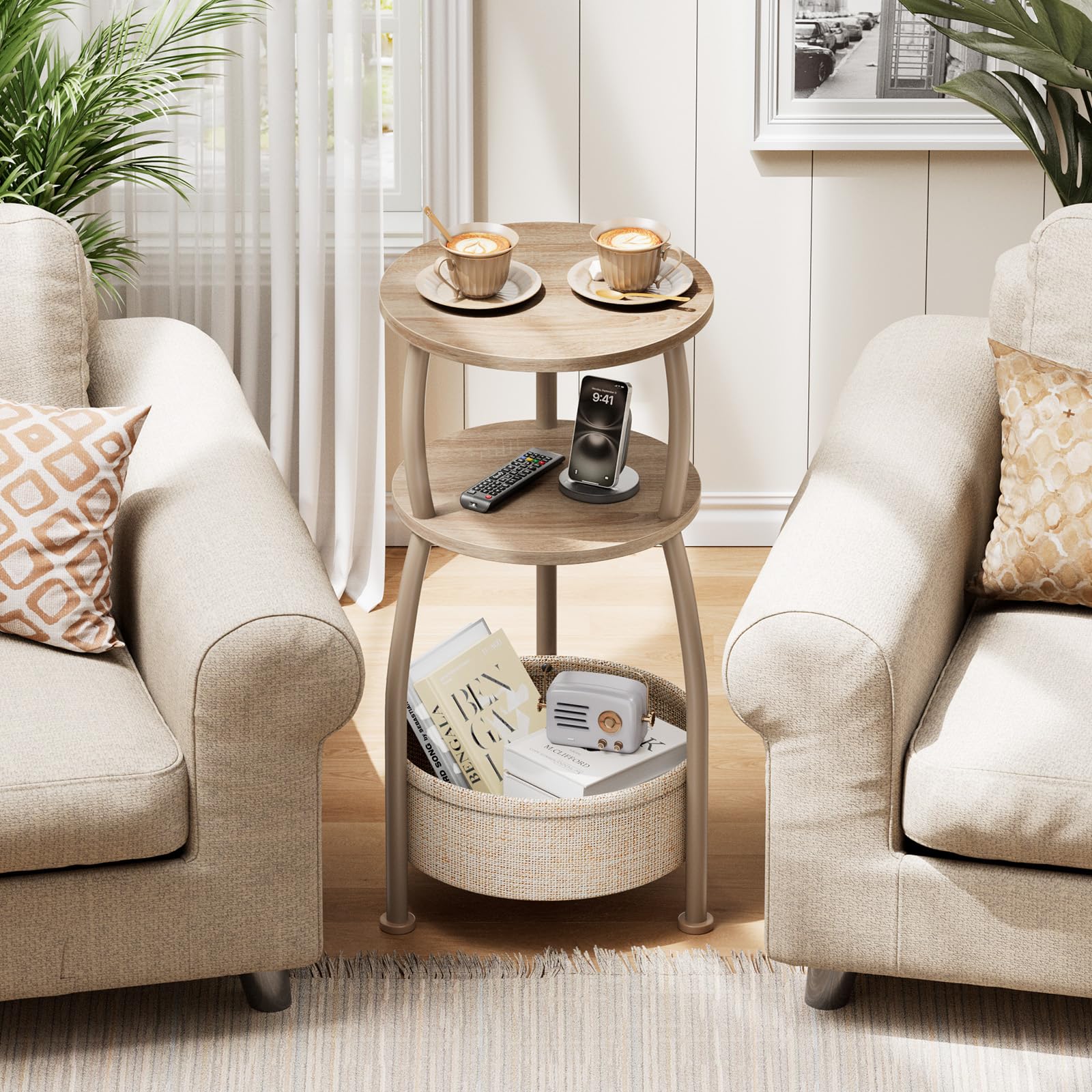 Yuede neutral wood-grain with matte steel frame fits any decor.