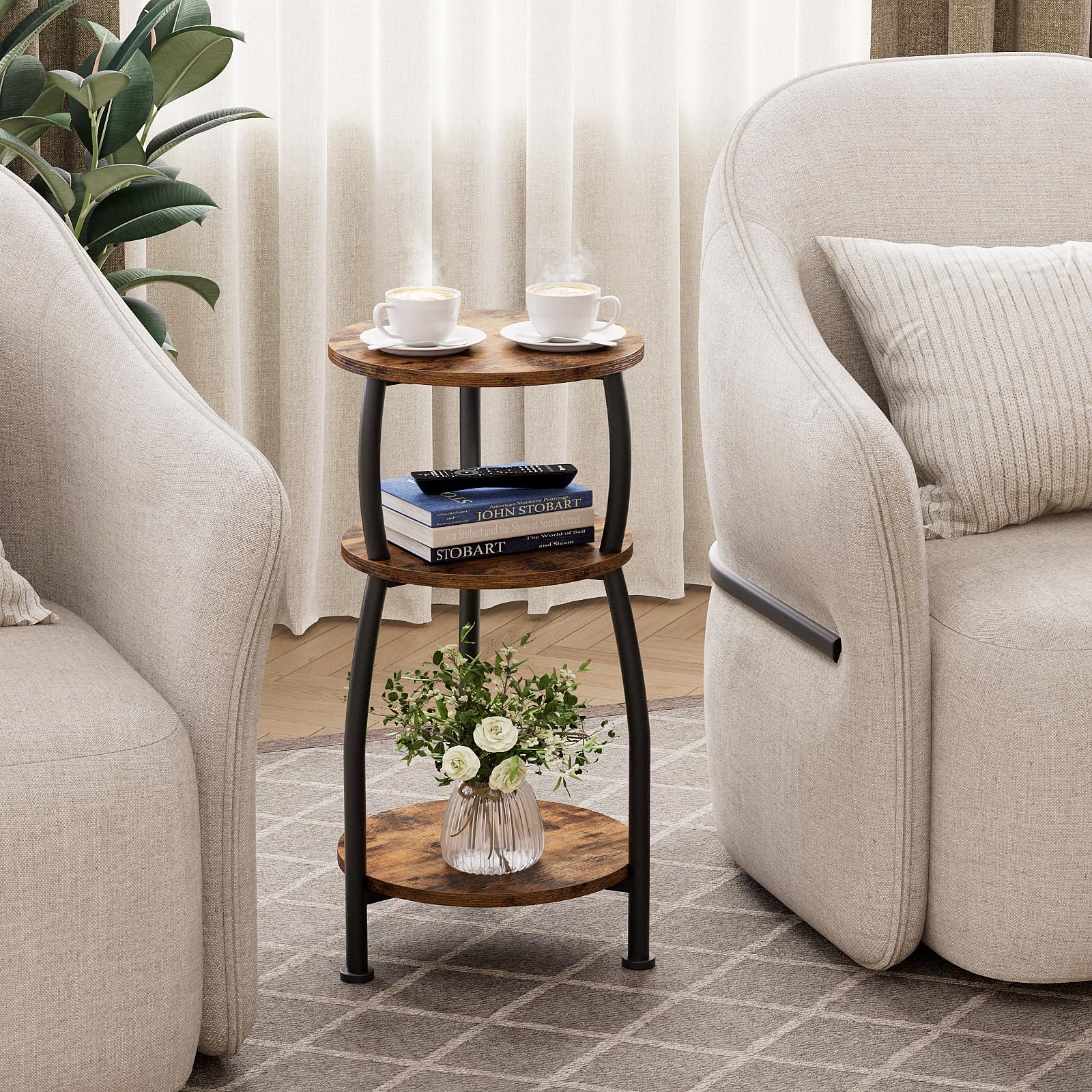 Yuede vertical storage solution to keep lamps, books, and decor organized.