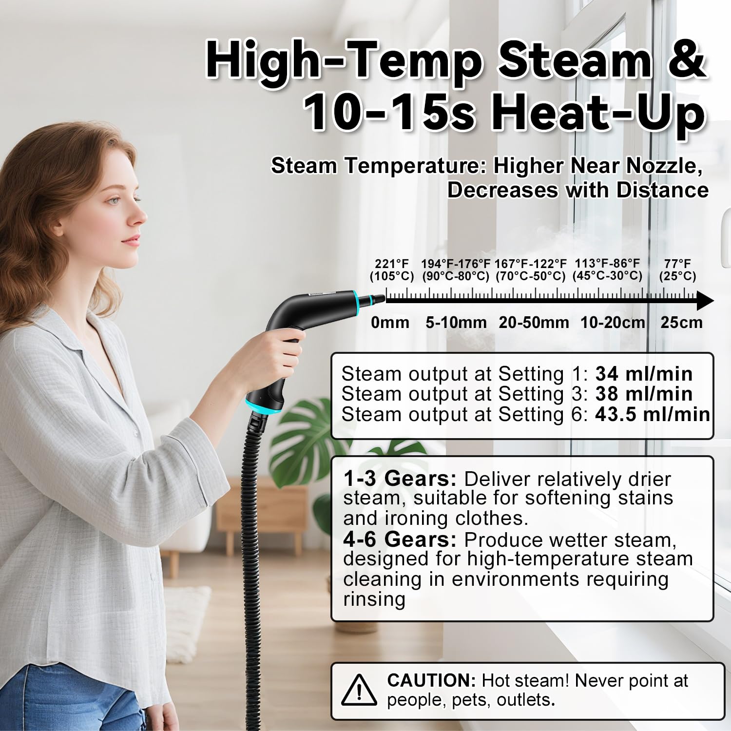 Yueidung steam cleaner long reach with cord and hose extended.