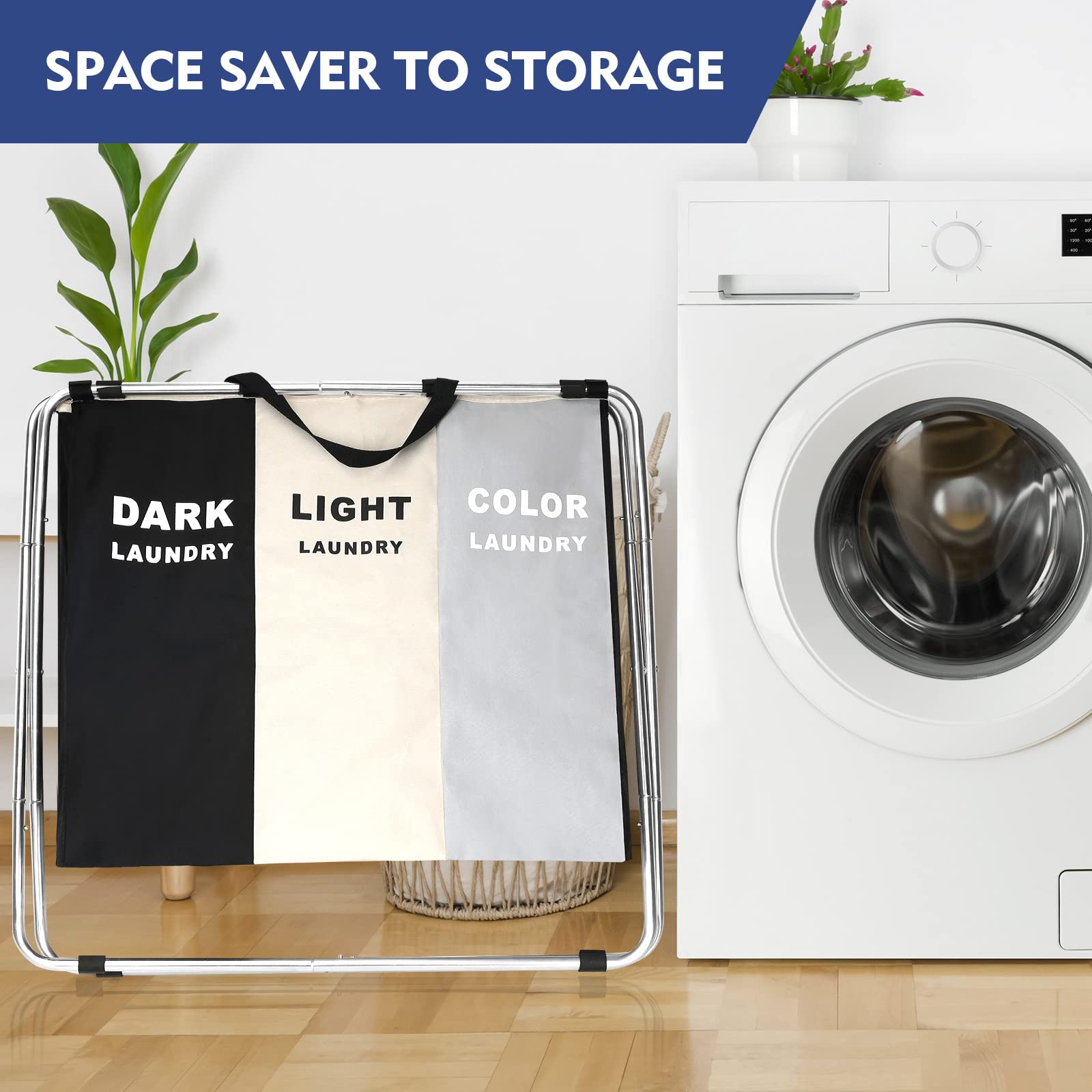 YUELAN three-section laundry sorter showing organized clothes separation