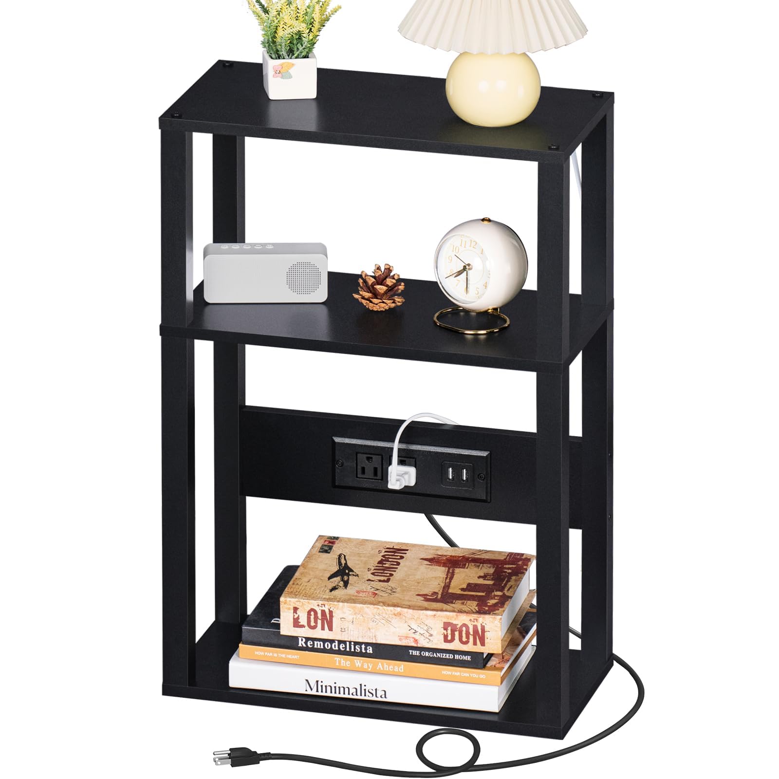 YUFAM 3-tier narrow side table with top charging station for easy device charging.
