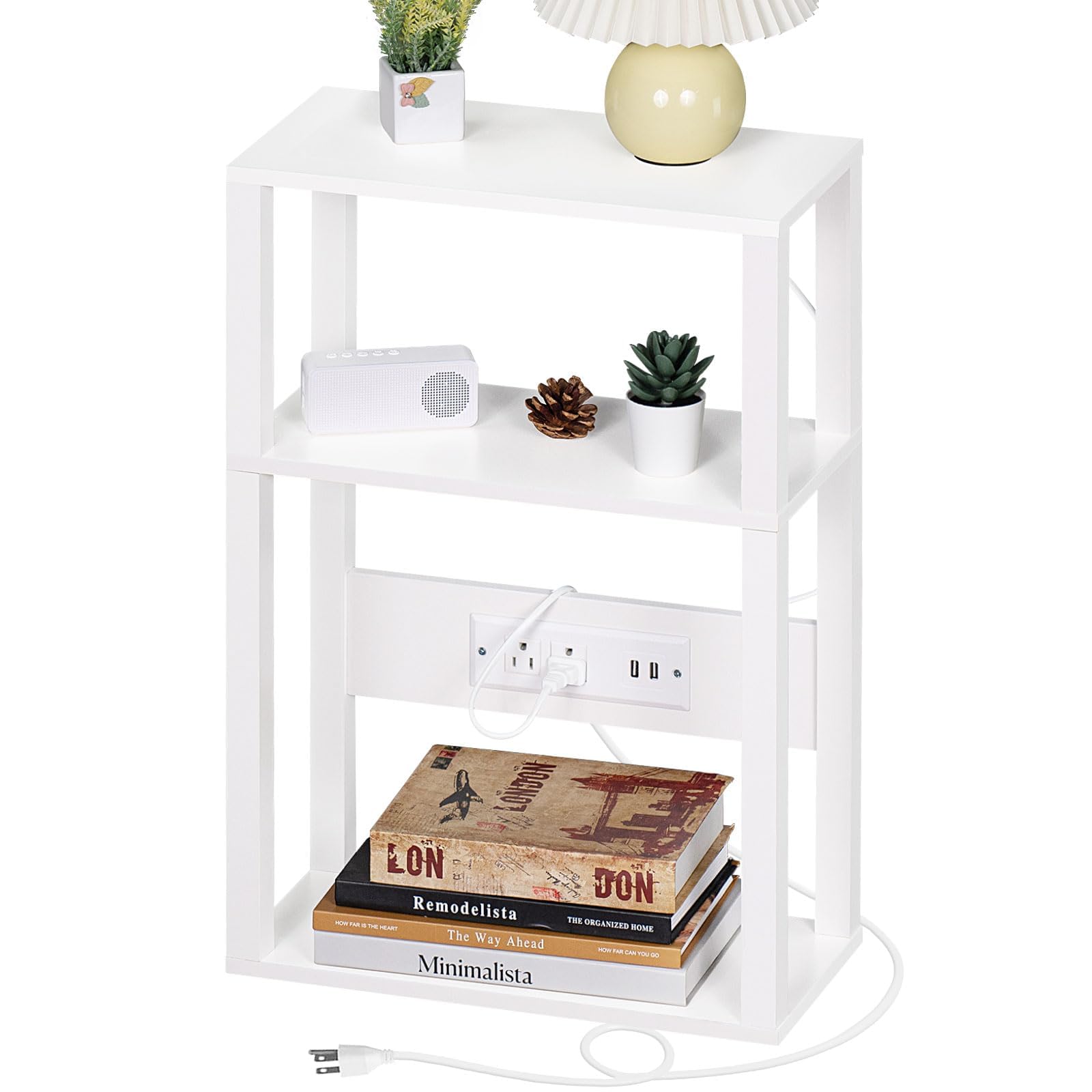 YUFAM 3-tier side table top view with charging station for convenient device charging.