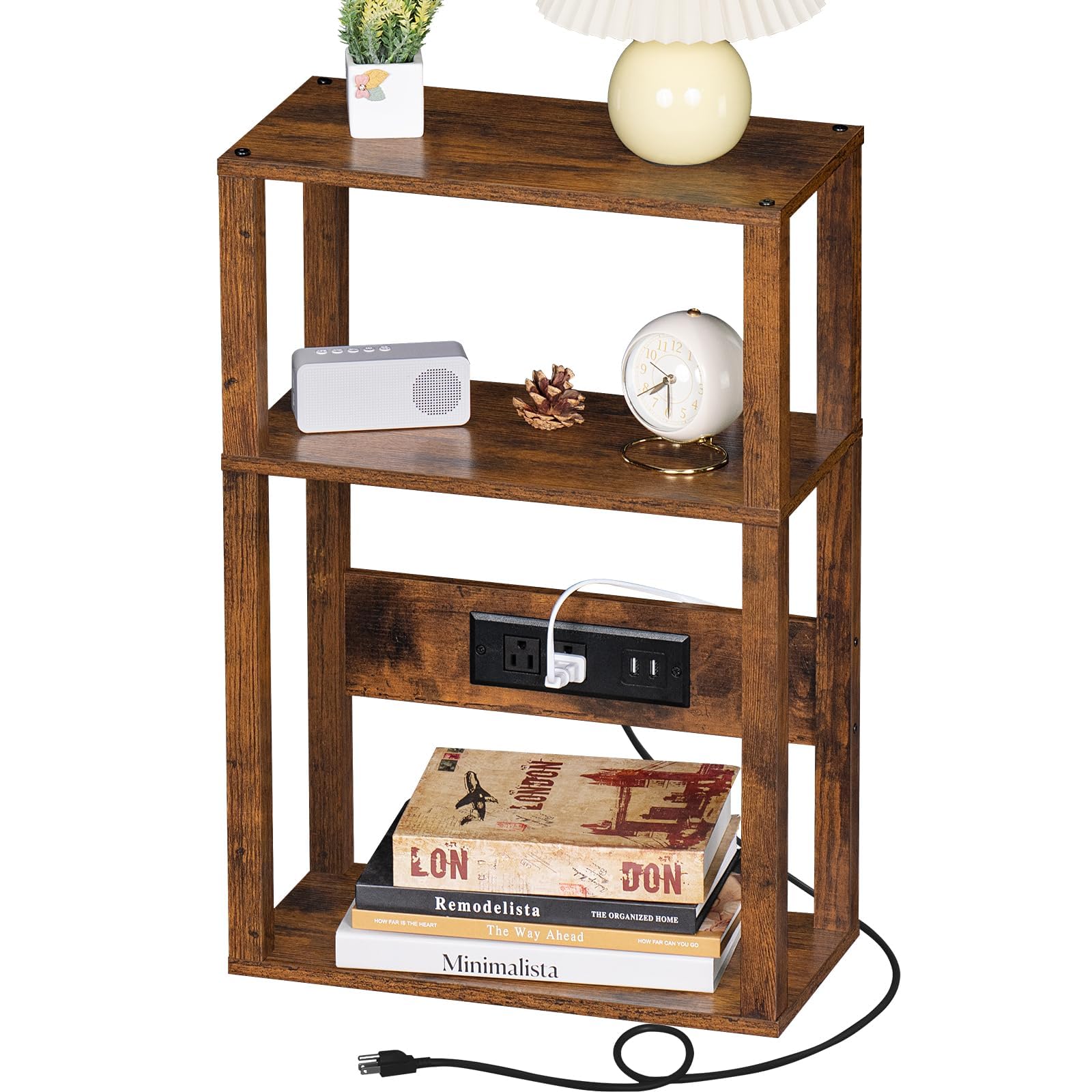 YUFAM 3-tier side table with charging station front view keeps devices within reach.
