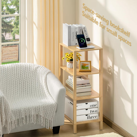YUFAM assembly-ready bookshelf shown with simple instructions and included hardware