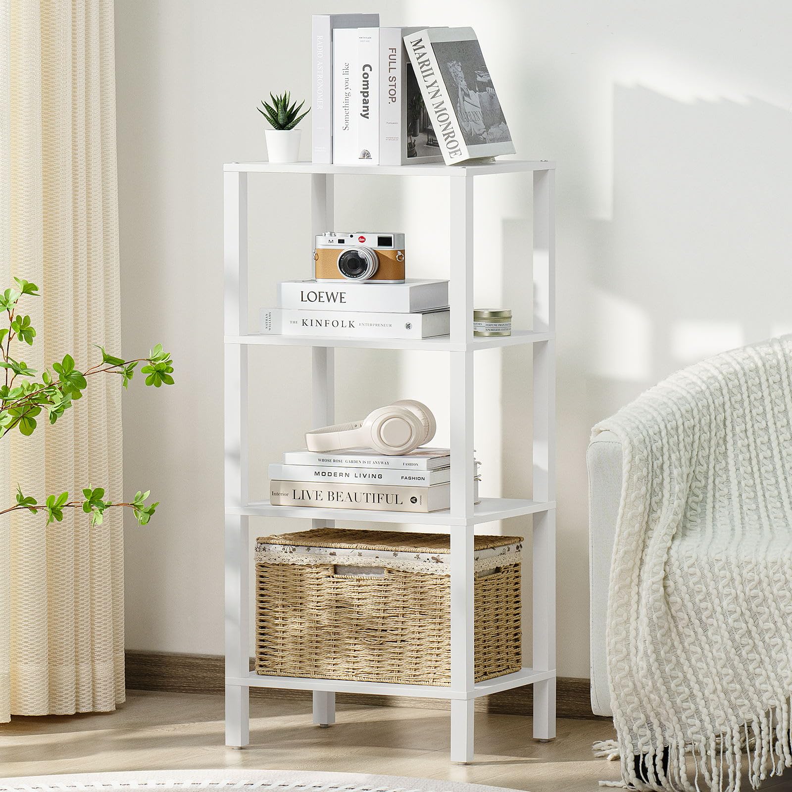 YUFAM 4-tier tall wooden bookshelf displaying books and decor.