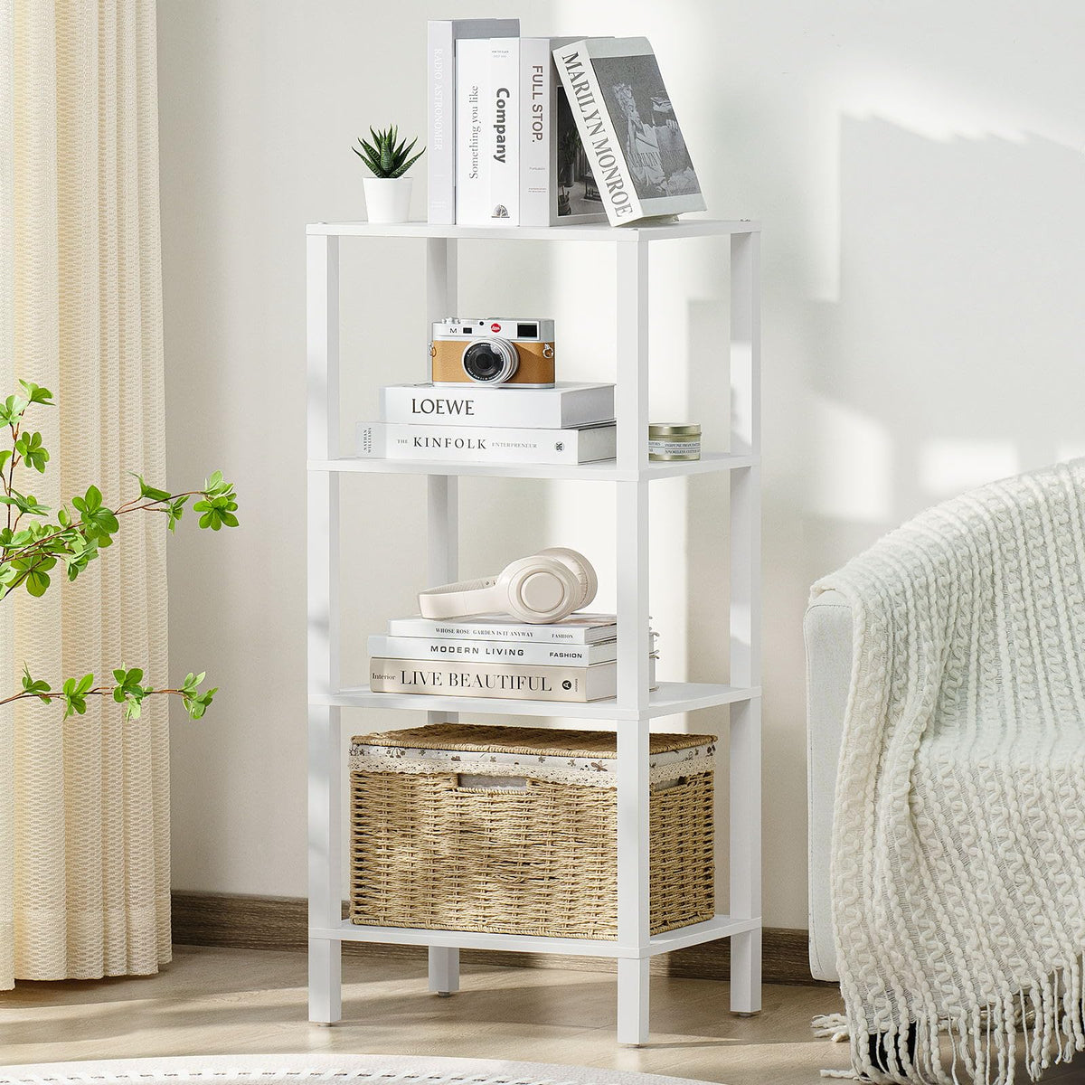 YUFAM 4-tier tall wooden bookshelf displaying books and decor.