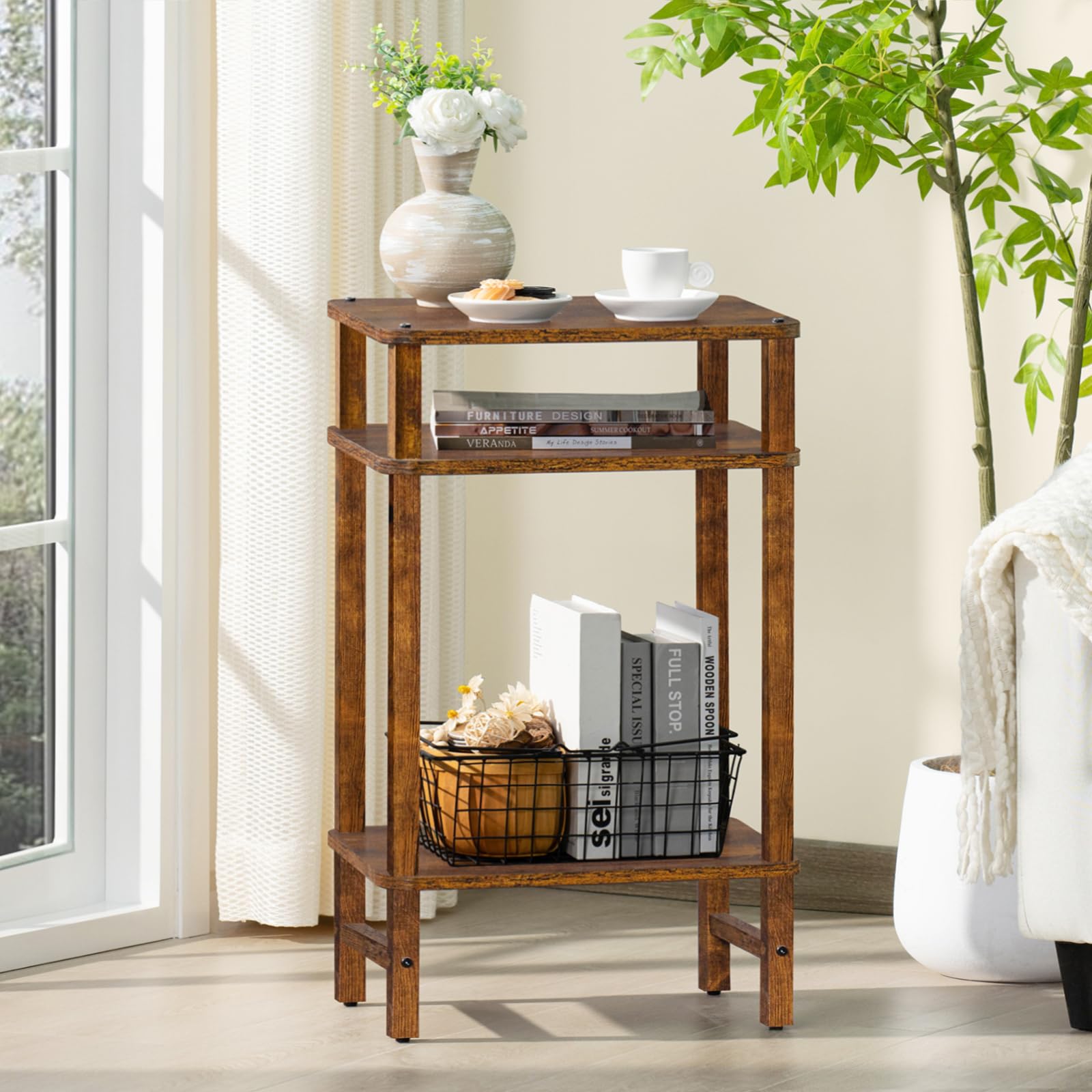 YUFAM bottom shelf storage offers extra organization for magazines and remotes.