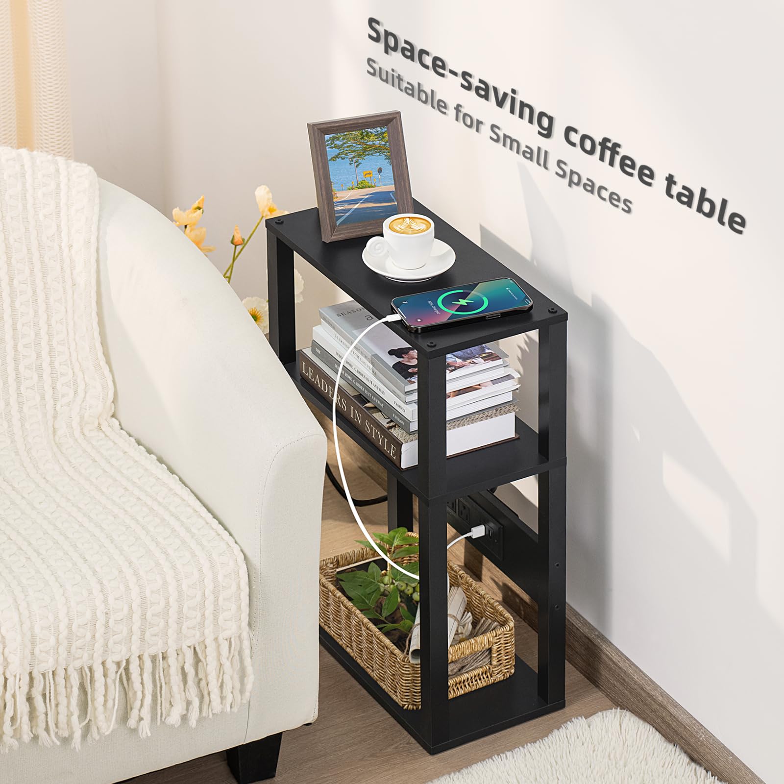 YUFAM narrow sofa end table with USB ports supports quick charging.
