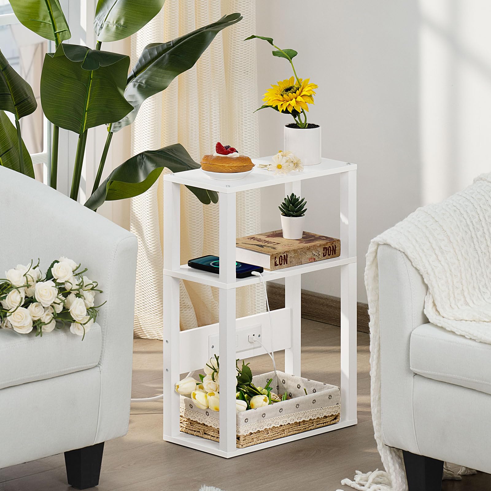 YUFAM narrow wood nightstand with charging station front view suitable for small spaces.