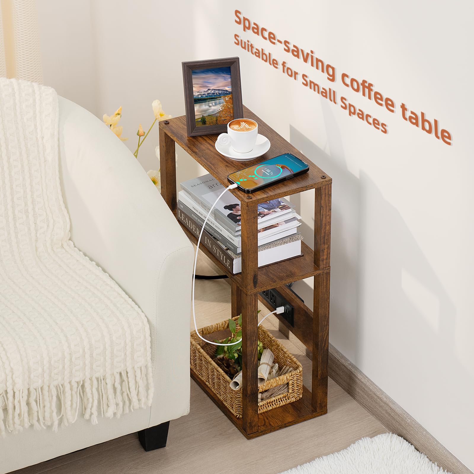 YUFAM rustic brown wood end table top panel shown with lamp-ready surface.