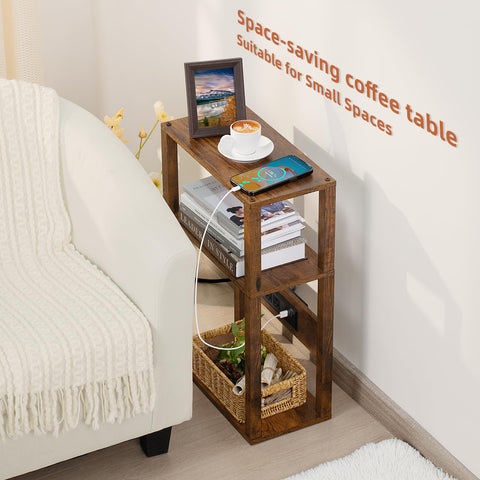 YUFAM rustic brown wood end table top panel shown with lamp-ready surface.