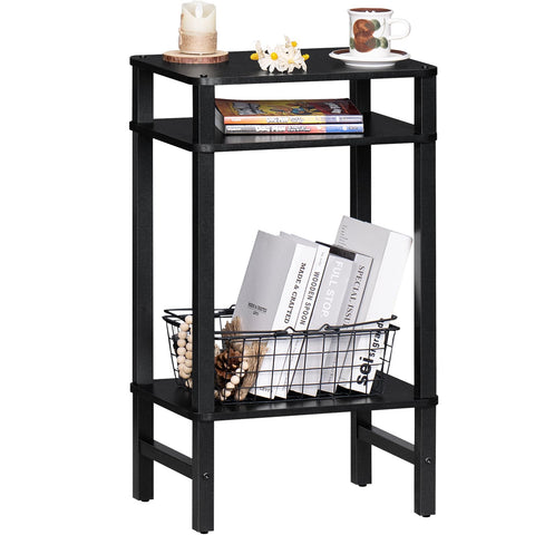 YUFAM 3-Tier tall side table front view featuring sturdy pillars and a black finish.