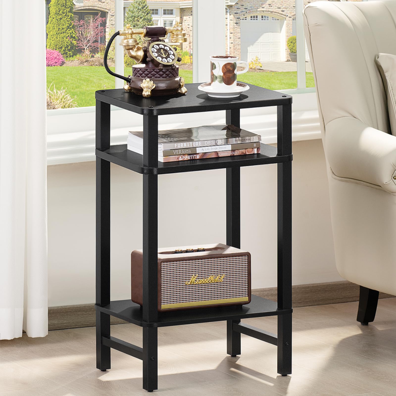 YUFAM 3-Tier side table side view highlighting height and slim profile.