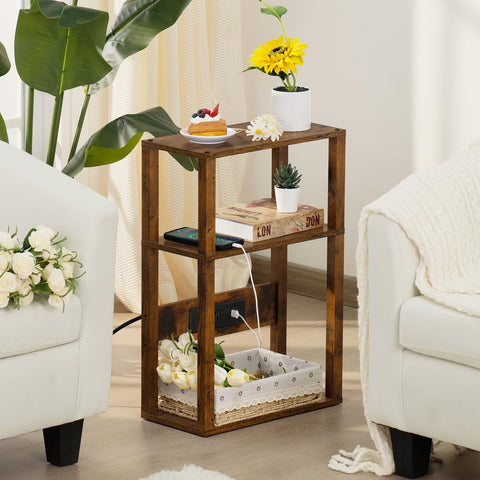 YUFAM skinny nightstand with USB ports and outlets bedside view keeps cords organized.