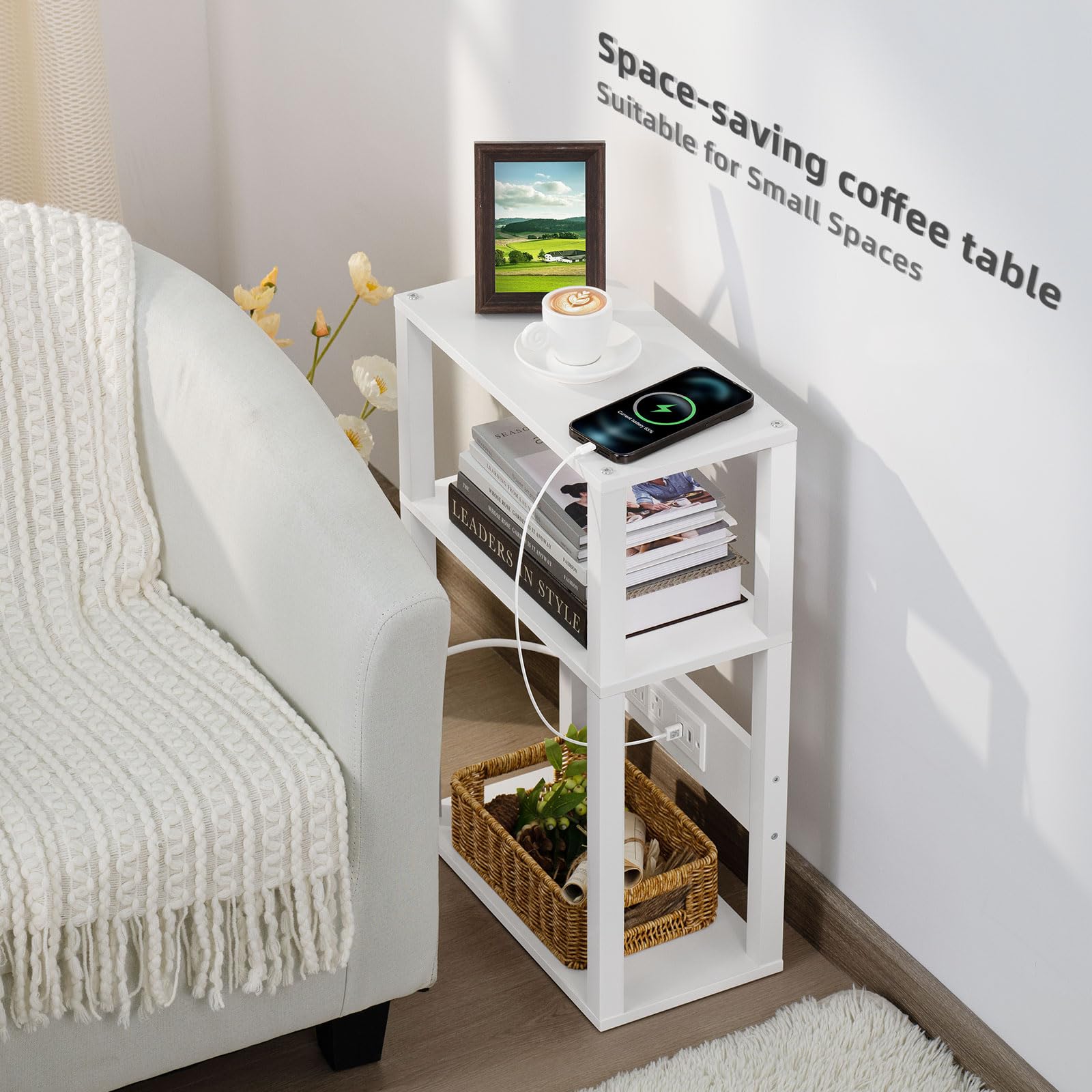 YUFAM slim bedside table with storage shelves visible in a living room corner.