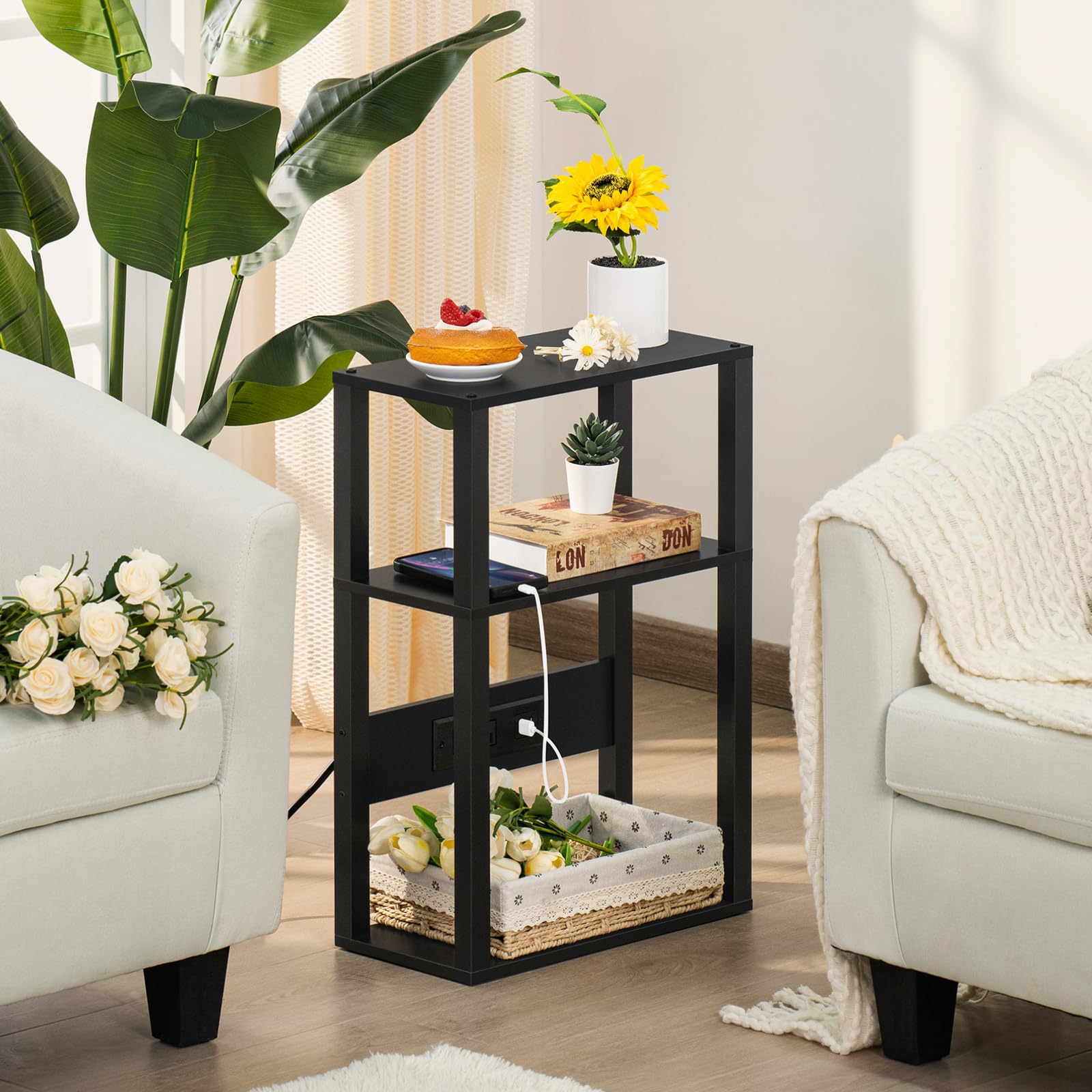 YUFAM slim bedside table with middle shelf provides organized storage.