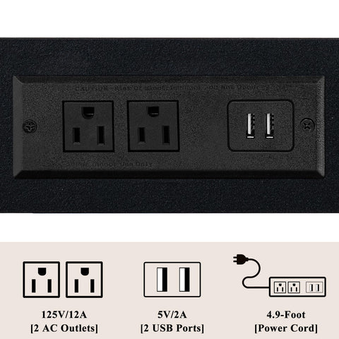 YUFAM small-space table with extension cord keeps surfaces tidy.