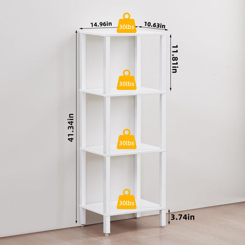 YUFAM small white bookcase in a compact living space.