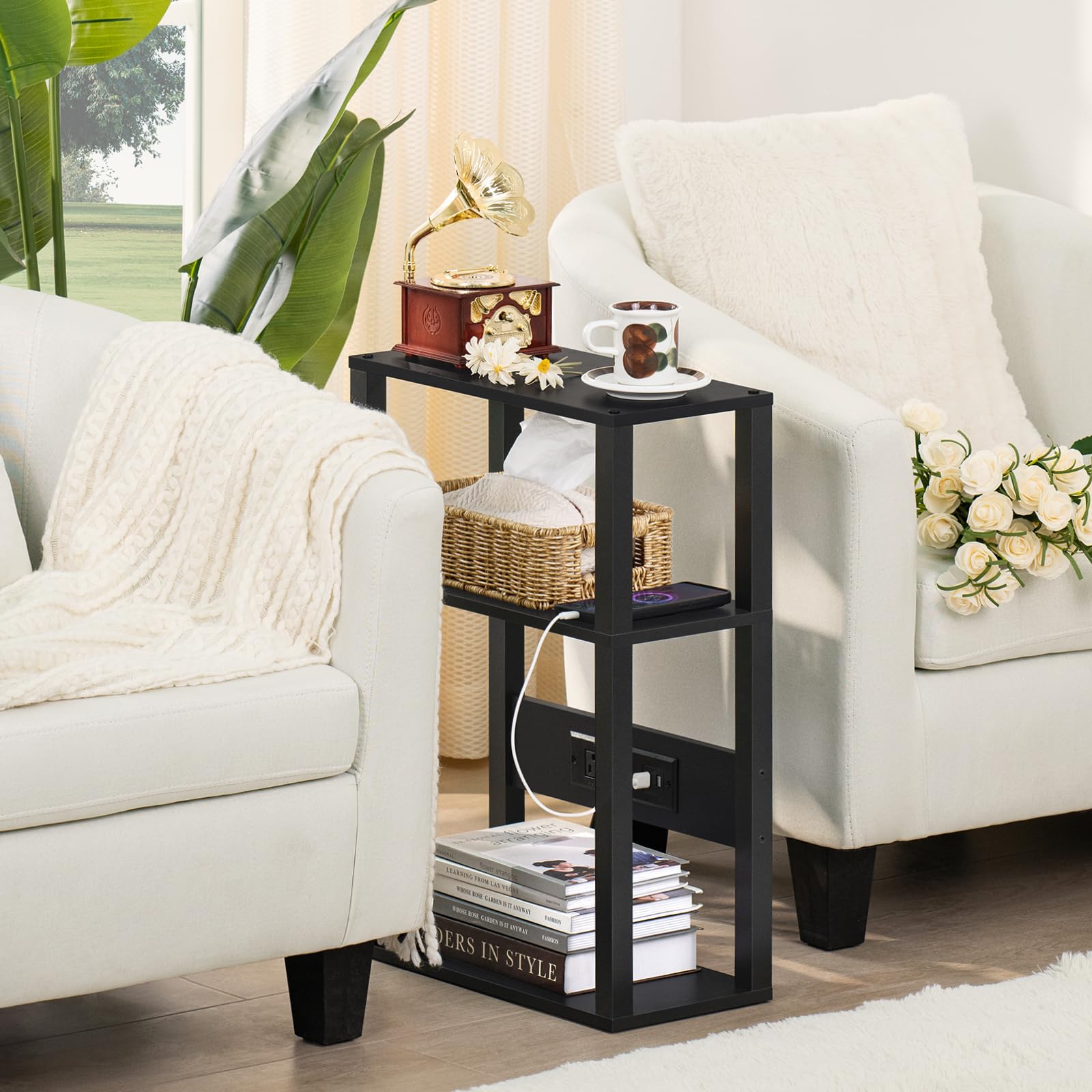 YUFAM wooden side table offers corner storage with three open tiers.
