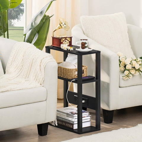 YUFAM wooden side table offers corner storage with three open tiers.