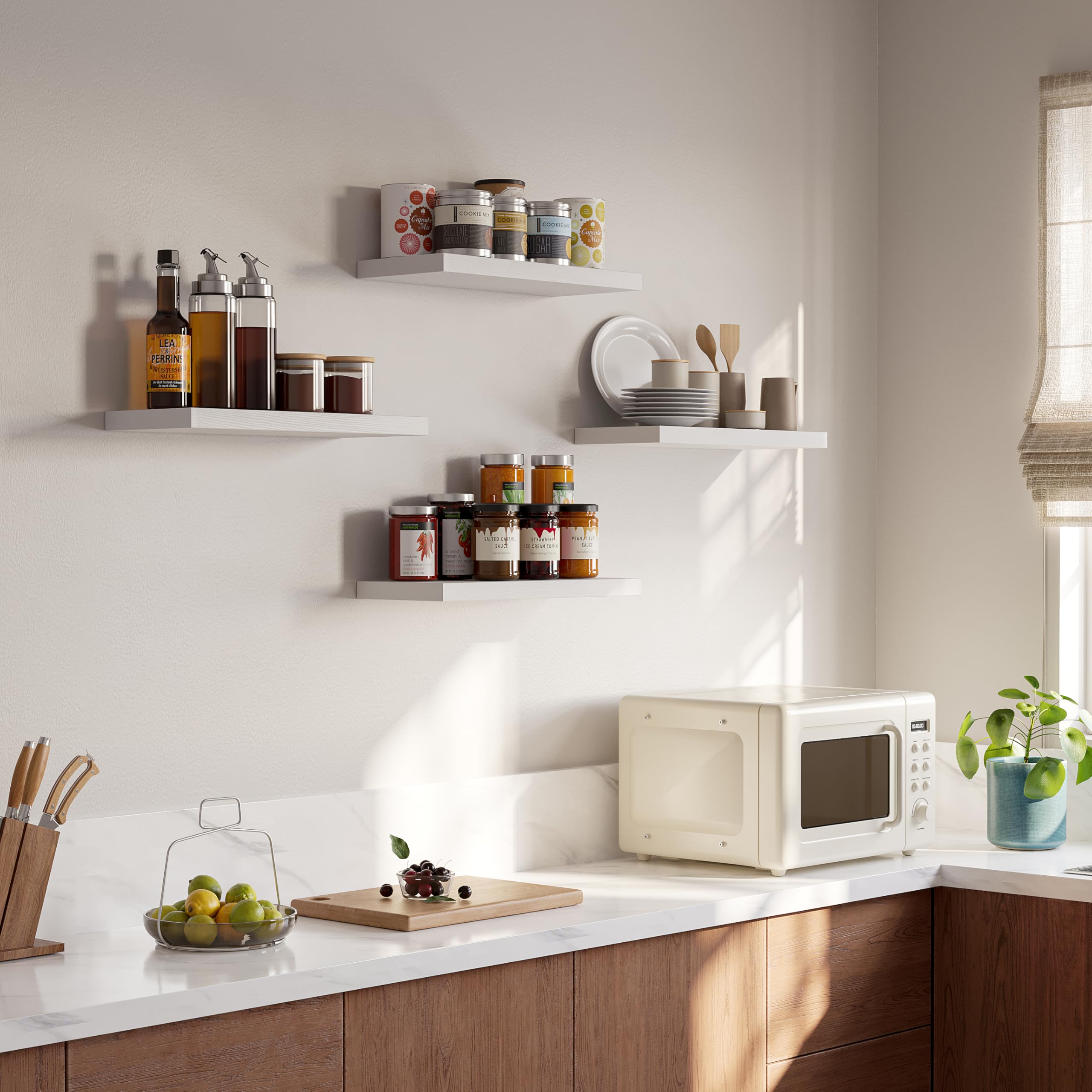 YUFLINX 16-inch white floating shelves rustic MDF, sturdy daily storage