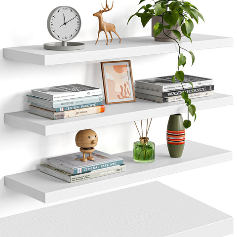 YUFLINX 23-inch white floating shelf on wall for organized display.