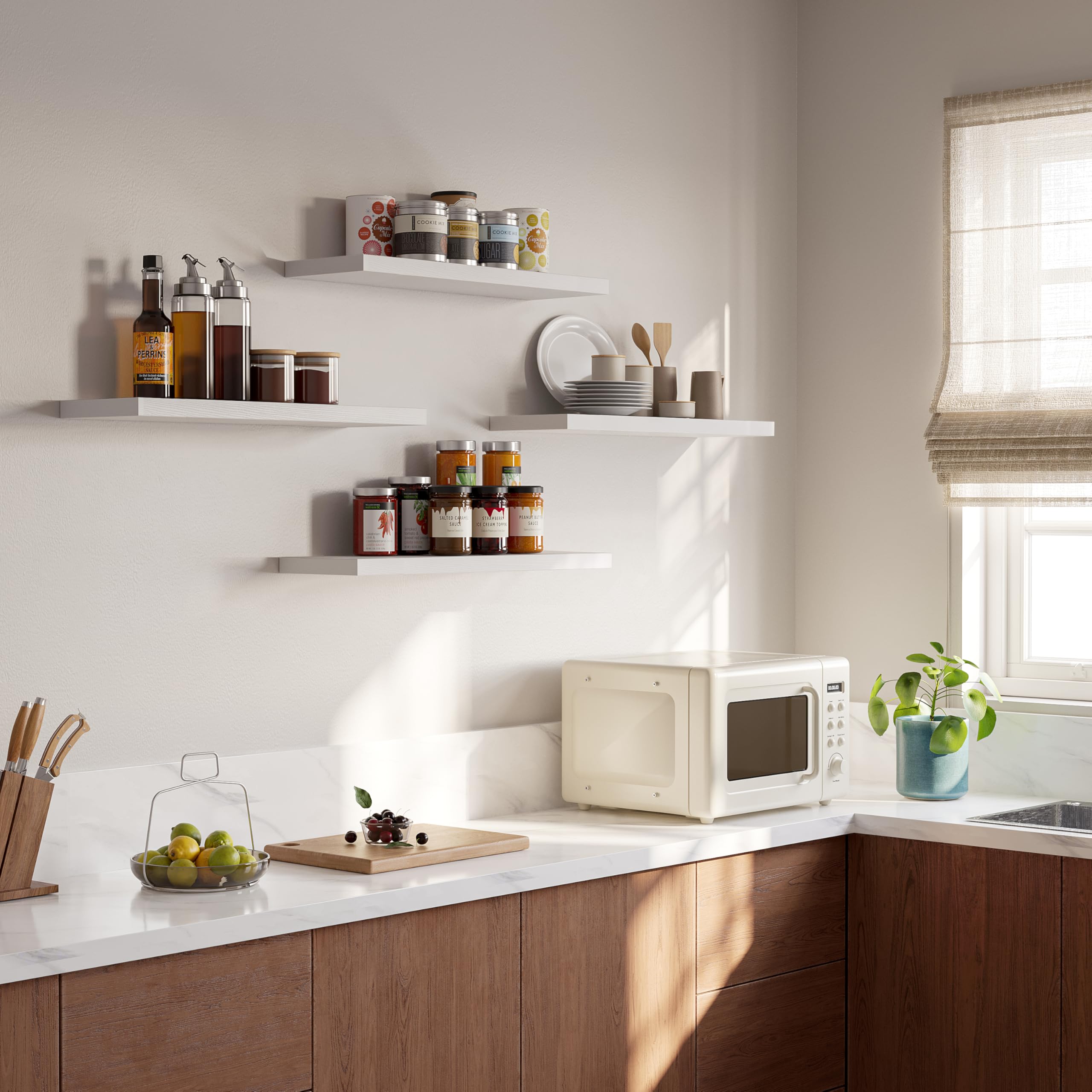 YUFLINX kitchen display with shelves saves counter space.