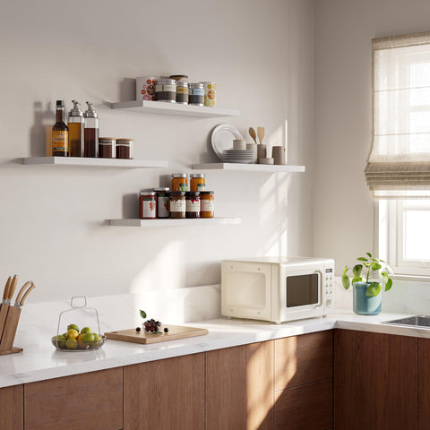 YUFLINX kitchen display with shelves saves counter space.