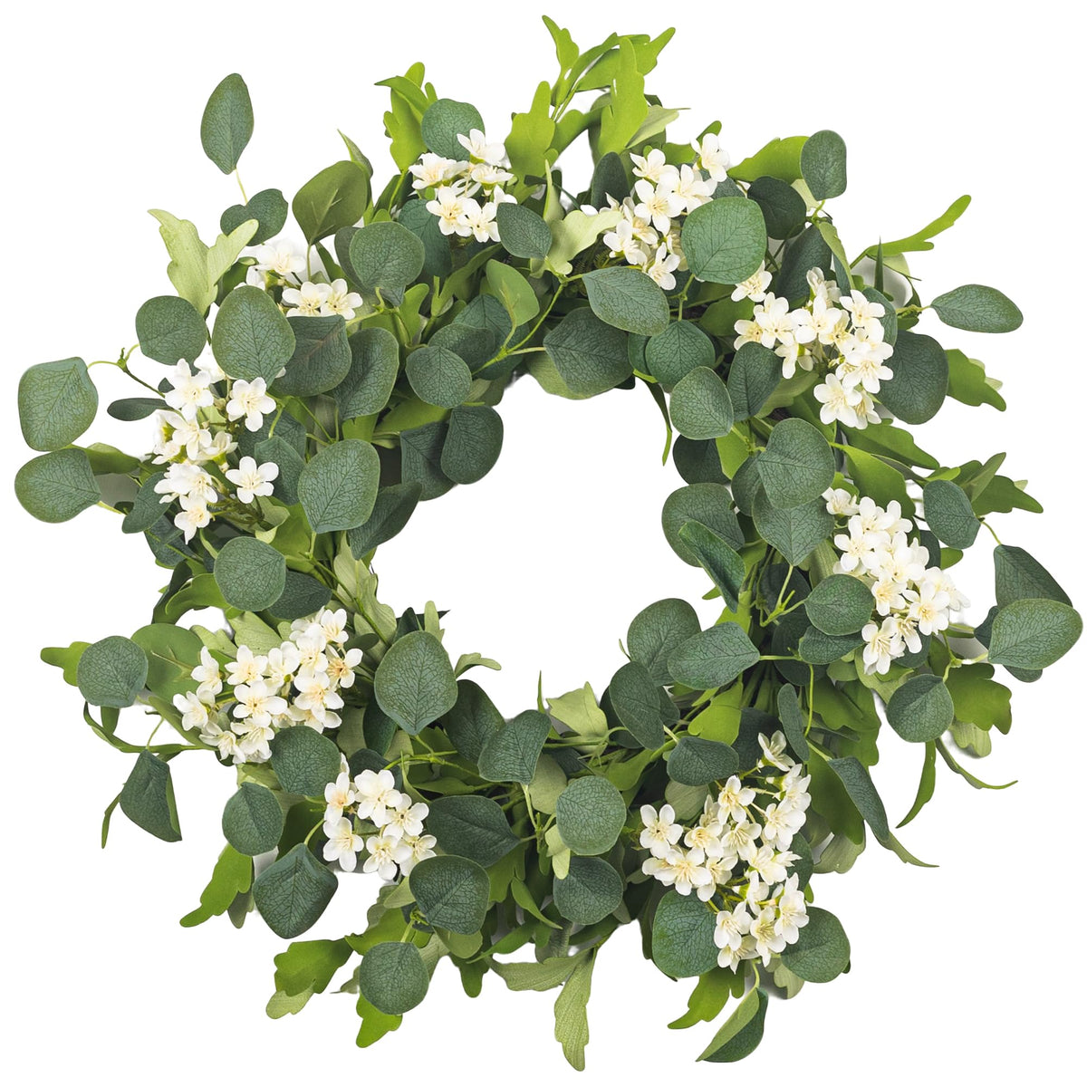 YUGALI 24-inch wreath front door with eucalyptus and blossoms for welcoming curb appeal