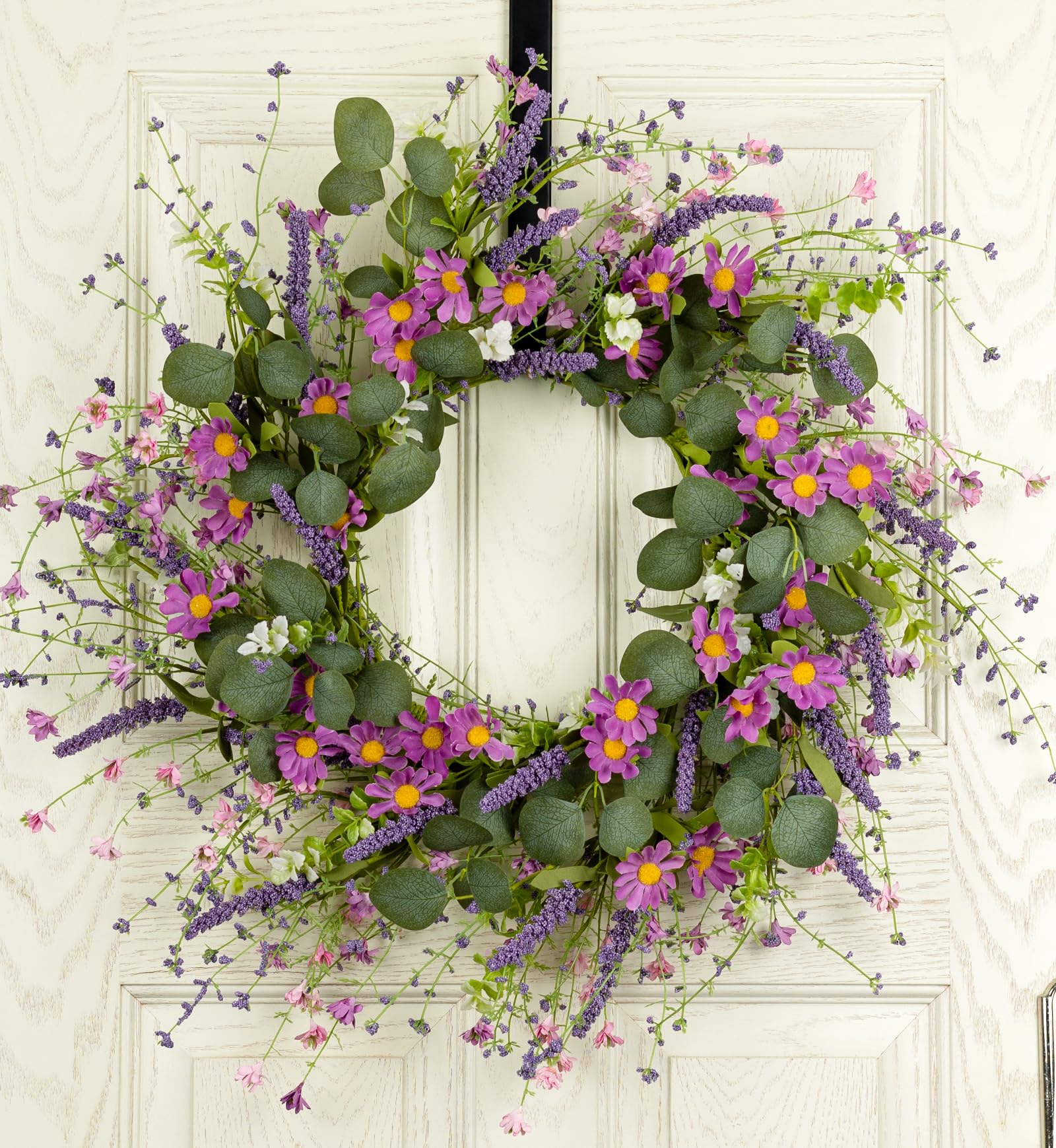 YUGALI 26-inch front-door wreath with eucalyptus and lavender daisies for a welcoming look