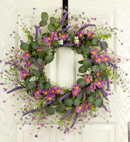 YUGALI 26-inch front-door wreath with eucalyptus and lavender daisies for a welcoming look