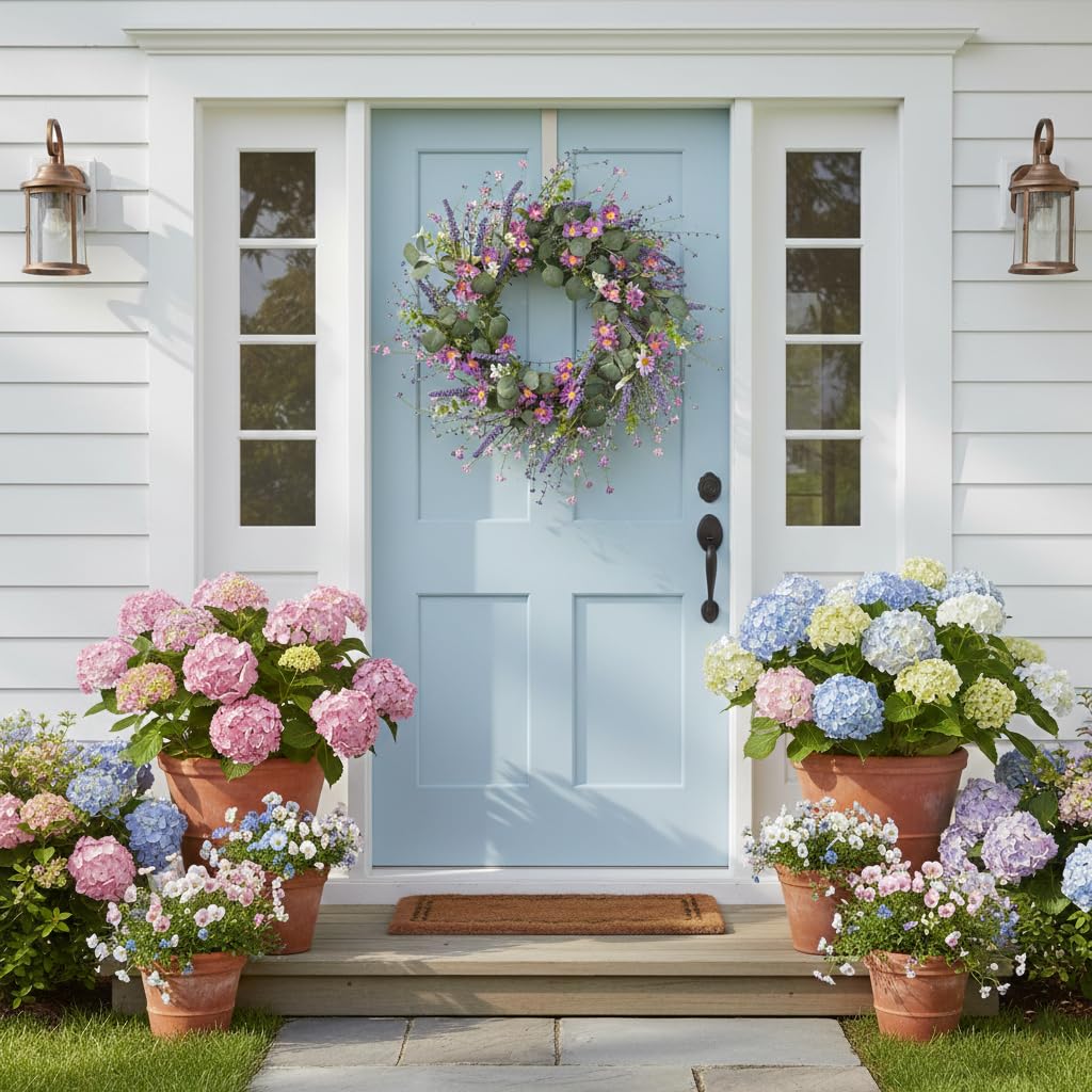 YUGALI artificial wreath featuring lavender daisies and wildflower berries for year-round charm