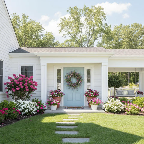 YUGALI eucalyptus leaves wreath on a front door boosts curb appeal