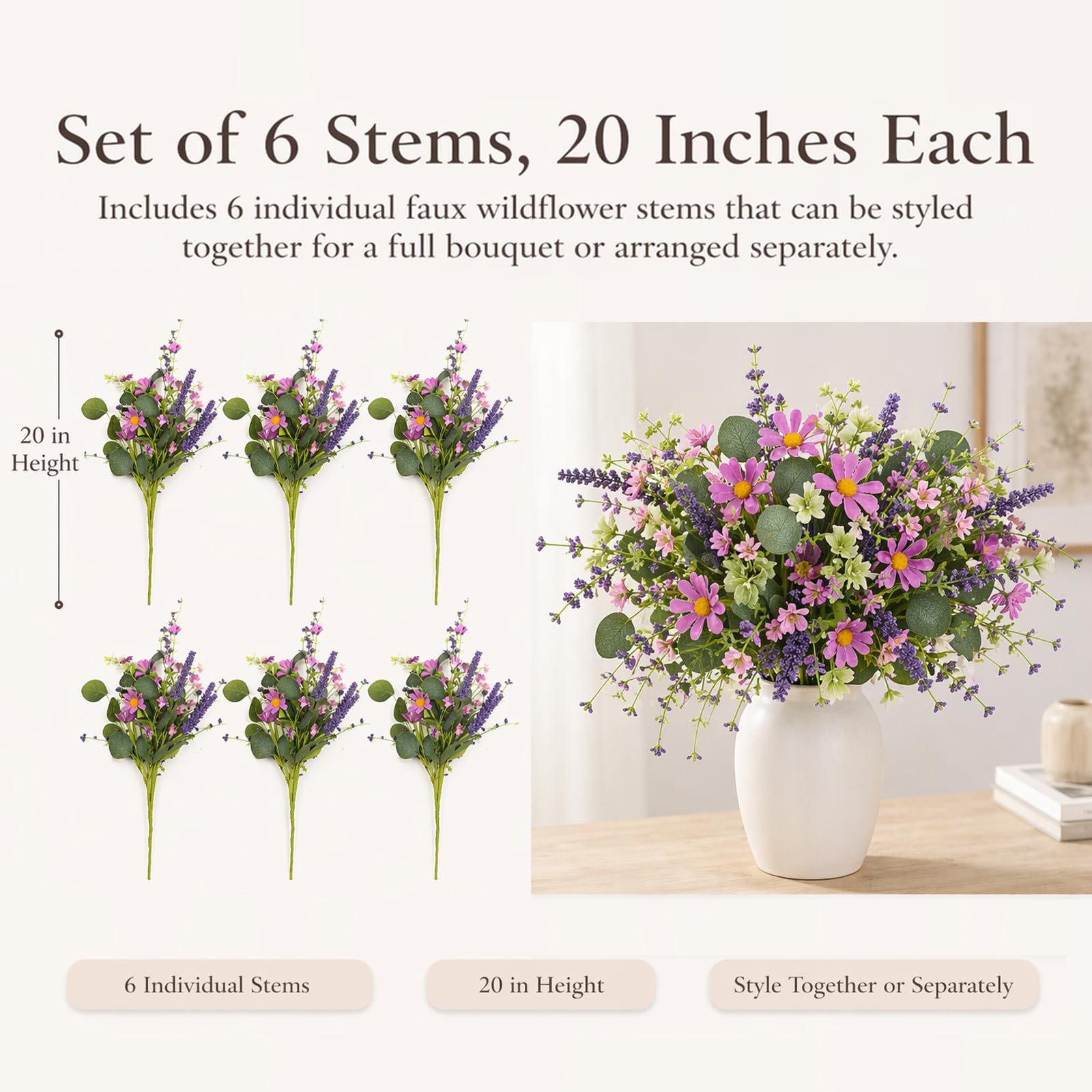 YUGALI 6-stem bouquet ready to arrange, easy height customization.