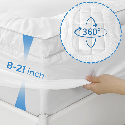 YUGYVOB deep pockets keep the topper in place on a mattress.