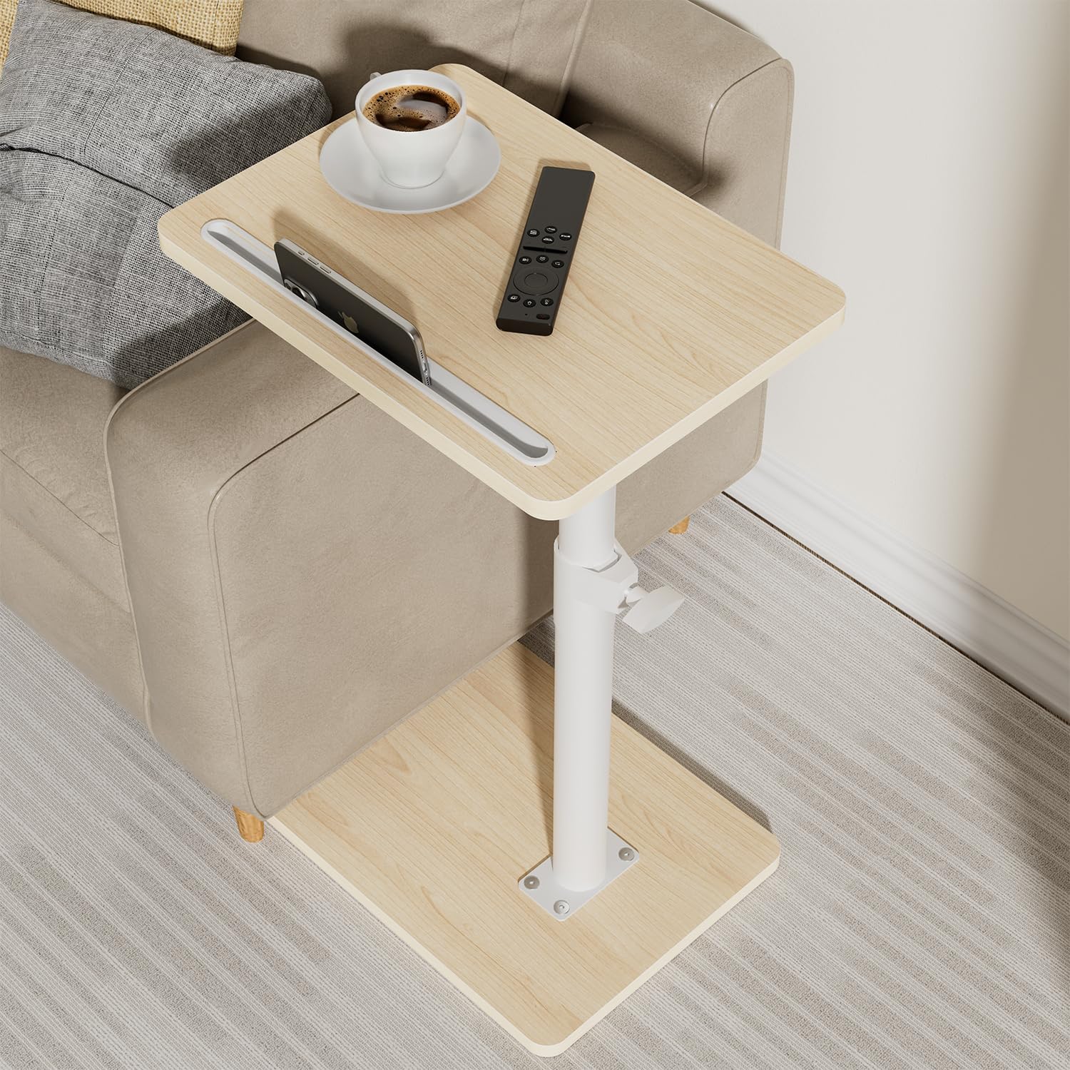 YUHFERA sofa armrest tray under the couch provides a stable surface for meals.