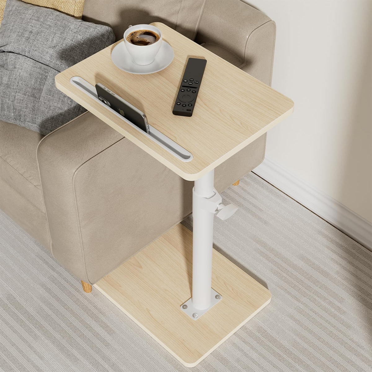 YUHFERA sofa armrest tray under the couch provides a stable surface for meals.