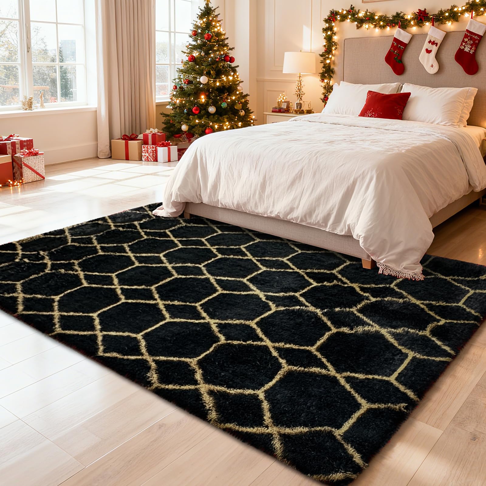 Yulidayang fluffy rug black gold design enhances room decor